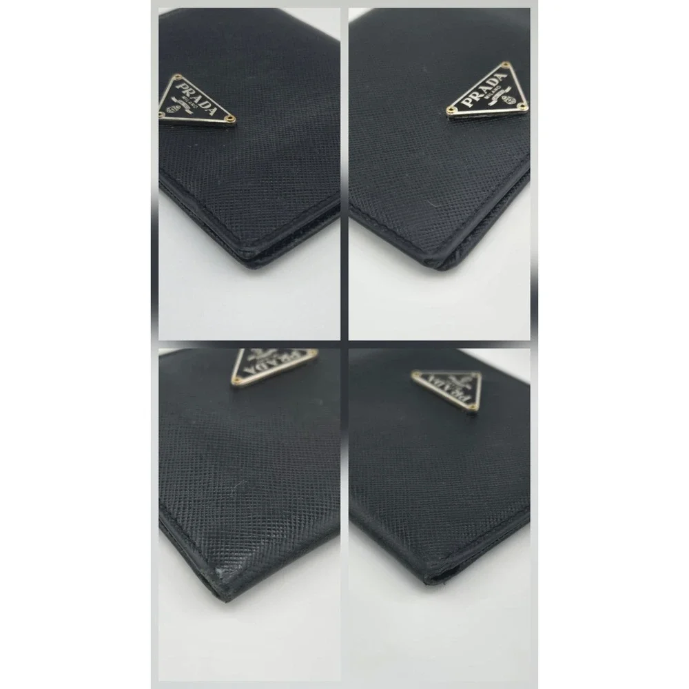 Prada Saffiano Leather Bifold Card Holder Wallet Black Triangle Logo ID Window